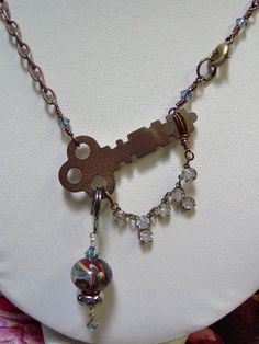 Artisan Lampwork Beaded Antique Skeleton Key by klassyjoolz, $35.00 Vintage Metal Jewelry With Keys, Vintage Metal Jewelry With Keys Detail, Vintage Pendant Jewelry With Keys, Vintage Copper Necklace, Vintage Metal Key Jewelry, Vintage Key Necklaces As Gift, Bohemian Jewelry With Keys As Gift, Key Crafts, Key Necklace Vintage