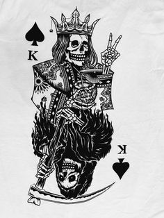 a black and white drawing of a skeleton holding a knife, playing card with the letter k on it