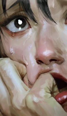 a painting of a woman's face with tears on her cheek and hand near her mouth