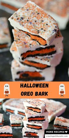 halloween oreo bark is stacked on top of each other