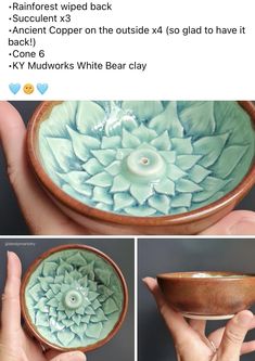 the instructions for how to make a ceramic bowl with flowers and leaves on it are shown