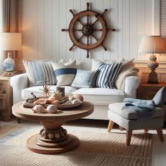 a living room filled with lots of furniture and decor on top of a wooden table