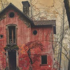 an old red house in the woods with fall foliage