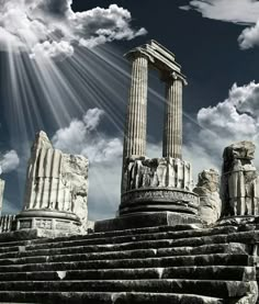 the sun shines brightly through clouds over some ancient ruins and steps in front of a cloudy blue sky