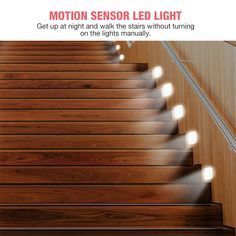 an advertisement for motion sensor led light on the stairs with lights coming from them to illuminate it