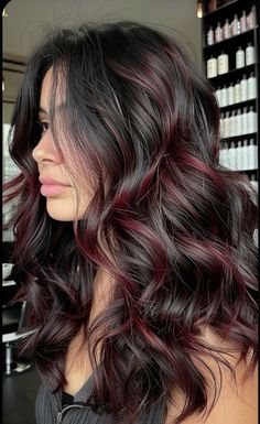 Black And Burgundy Highlights, Hair Dye Ideas Burgundy, Subtle Hair Highlights For Black Hair, Black Hair With Subtle Red Highlights, Black With Dark Red Highlights, Burgundy Streaks In Brown Hair, Dark Brown Hair With Colorful Highlights, Subtle Red Highlights In Black Hair, Hair Colour Inspo For Black Hair