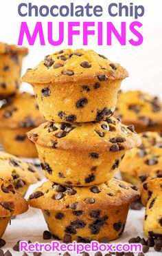 chocolate chip muffins stacked on top of each other with the title above it