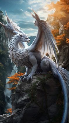 a white dragon sitting on top of a rock