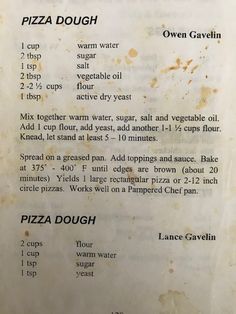 the menu for pizza dough with instructions on it