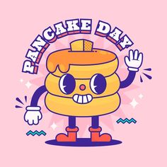 a cartoon character holding his hands up with the words pancakes day in front of him