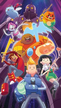 the cartoon character is surrounded by other characters and their names in front of a space background