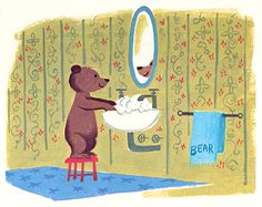 a bear is washing his hands in the bathroom sink while another bear sits on a stool