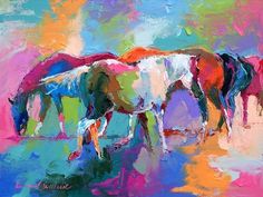 three horses are standing in the middle of an abstractly painted painting with bright colors