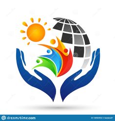 hands holding a globe and sun logo