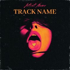 a woman with her mouth open in front of an orange and black background that says, artist name track name