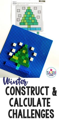 a lego christmas tree with the words winter construct and calculate challenges on it