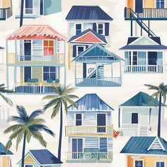 colorful beach huts and palm trees are featured in this tropical wallpaper design by cole & cole