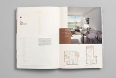 an open book showing the layout of a living room and dining area with furniture in it