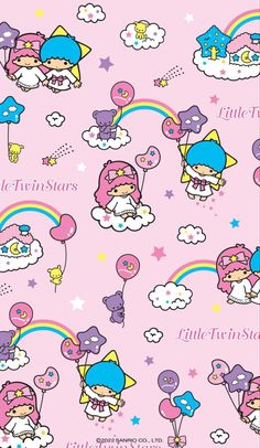 a pink wallpaper with little twin stars and rainbows on the background, including clouds