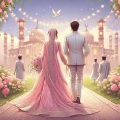 a man and woman in wedding attire walking down a path with pink flowers on either side