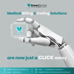 an advertisement for green sense medical billing and cooling solutions, with a robot hand