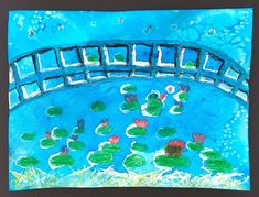 a drawing of water lilies under a bridge over a pond with fish in it