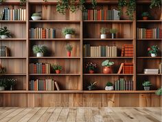 there are many bookshelves with plants on them