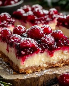 there is a piece of cheesecake with cherries on it