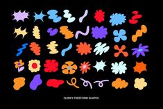 an assortment of different colored shapes on a black background