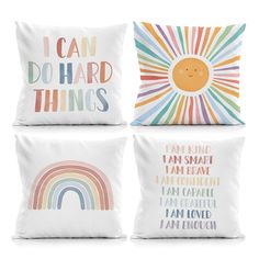 four pillows with different designs on them, one has a sun and the other has a rainbow