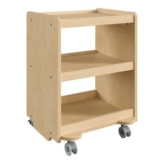 a small wooden shelf with wheels on it