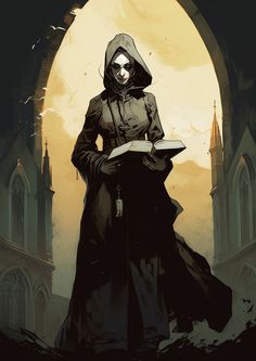 a woman with a book standing in front of a full moon and gothic church building