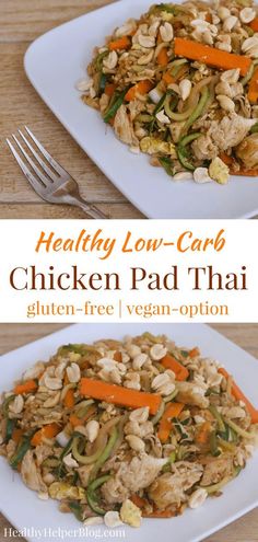 healthy low - carb chicken pad thai salad with cashews and carrots