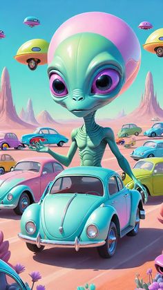 an alien standing on top of a car in the middle of a desert filled with cars