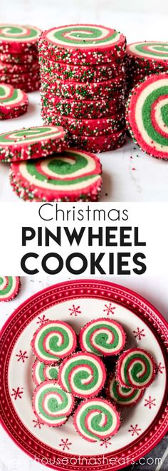 christmas pinwheel cookies on a plate with sprinkles in the background and text overlay that reads, christmas pinwheel cookies