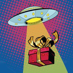 an alien flying over a gift box