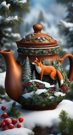 a teapot with a fox on it in the snow