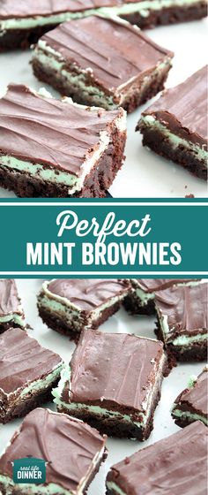 chocolate mint brownies with white frosting on top and the words perfect mint brownies