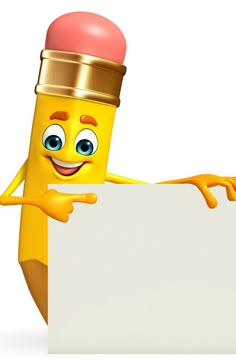 a cartoon pencil character holding a blank sign