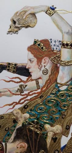 a painting of a woman with long red hair and gold jewelry on her head holding a cow