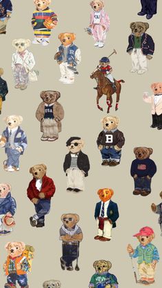 an image of many teddy bears with different clothes and numbers on them's faces