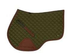 a green and brown saddle pad with a knife in it's center, on a white background