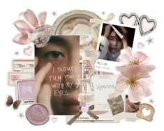 a collage with pink flowers, pictures, and other things to make it look like someones face