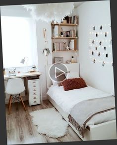 a bedroom with white walls and wooden flooring is featured in the video, which shows an image of a bed that has been made into a headboard