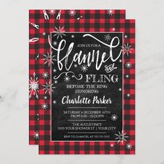 a red and black plaid christmas party card with snowflakes on the border,