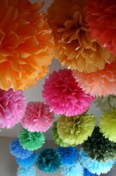 multi colored pom poms hanging from the ceiling