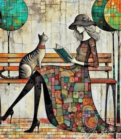 a woman sitting on a bench reading a book with a cat standing next to her