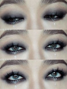 Dark Makeup Asian Eyes, Under Eye Color Eyeshadow, Messy Black Eye Makeup, Neutral Goth Makeup, Simple Dark Makeup Looks, Black And Blue Eyeshadow, Goth Contour, Alt Eyeshadow, Dark Make Up