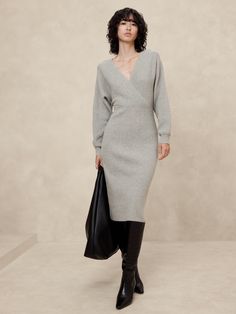 Overlap-Neck Midi Sweater Dress | Banana Republic Factory Wrap Sweater Dress Outfit, Midi Sweater Dress Outfit, Annual Christmas Party, Dressing Over 50, Midi Dress Outfit, Closet Wishlist, Wrap Sweater Dress, Dresses For Fall, Cashmere Sweater Dress