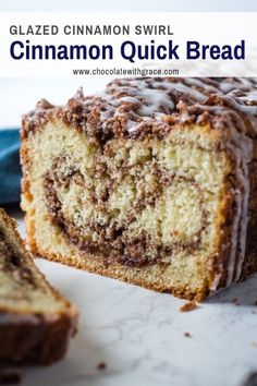 sliced cinnamon swirl quick bread on a cutting board